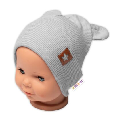Baby Nellys Rebrovaná dvojvrstvová čiapka s uškami TEDDY - sivá, 80/86