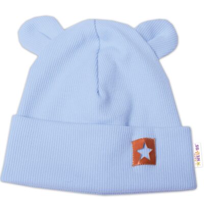 Baby Nellys Rebrovaná dvojvrstvová čiapka s uškami TEDDY - sv. modrá, veľ. 68/74