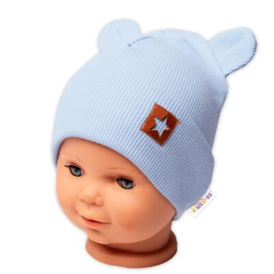 Baby Nellys Rebrovaná dvojvrstvová čiapka s uškami TEDDY - sv. modrá, veľ. 80/86