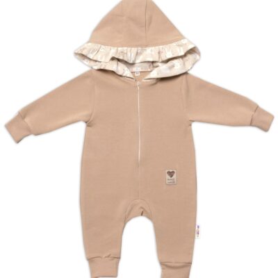 Baby Nellys Teplákový overal s kapucňou a volánikom, New Bunny - cappuccino, veľ. 80
