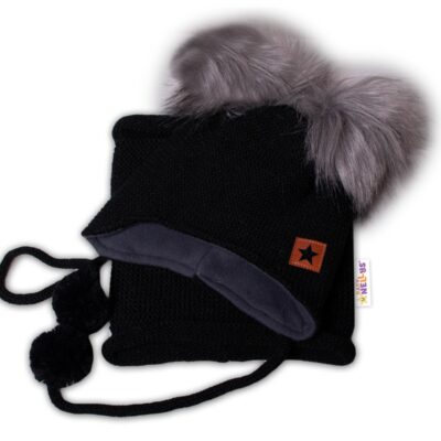 BABY NELLYS Zimná čiapka s fleecom a chlupáčka. bambuľky Star + komínok - čierna, 104/116