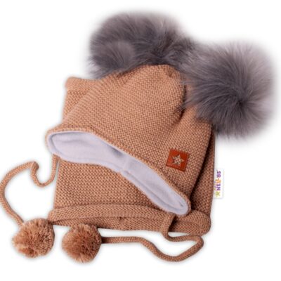 BABY NELLYS Zimná čiapka s fleecom a chlupáčka. bambuľky Star + komínok - medová, 98/104