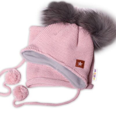 BABY NELLYS Zimná čiapka s fleecom a chlupáčka. bambuľky Star + komínok - pudrová