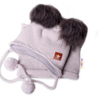 BABY NELLYS Zimná čiapka s fleecom a chlupáčka. bambuľky Star + komínok - sivá, 98/104