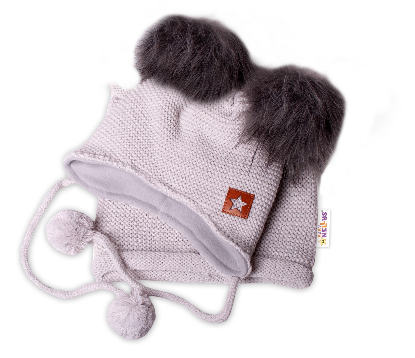 BABY NELLYS Zimná čiapka s fleecom a chlupáčka. bambuľky Star + komínok - sivá
