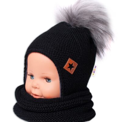 BABY NELLYS Zimná čiapka s fleecom a chlupáčková bambuľka Star + komínok -čierna, 104/116