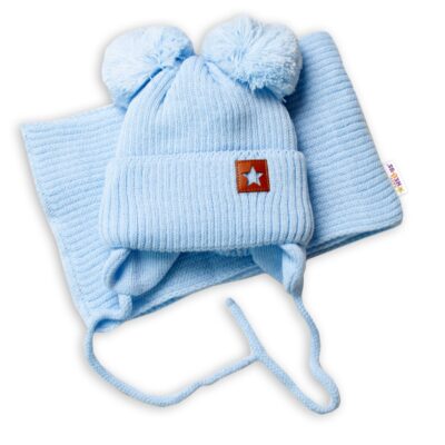 BABY NELLYS Zimná čiapka s šálom STAR - modrá s brmbolcami, veľ. 68/80