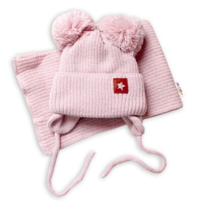 BABY NELLYS Zimná čiapka s šálom STAR - púdrová s brmbolcami, veľ. 68/80