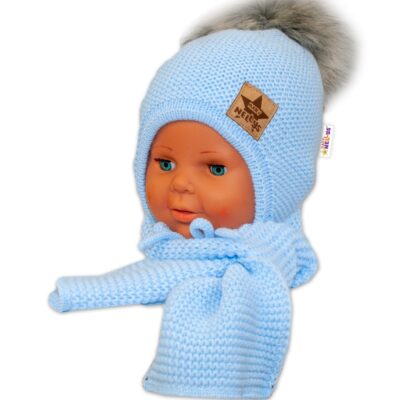 Baby Nellys: Zimná čiapka so šálom Bambuľky (modrá/sivá)