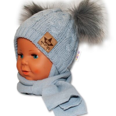 Baby Nellys: Zimná čiapka so šálom (sivé bambuľky)