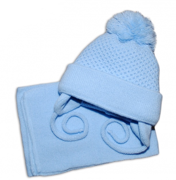 BABY NELLYS: Modrá zimná čiapka so šálom a brmbolcom
