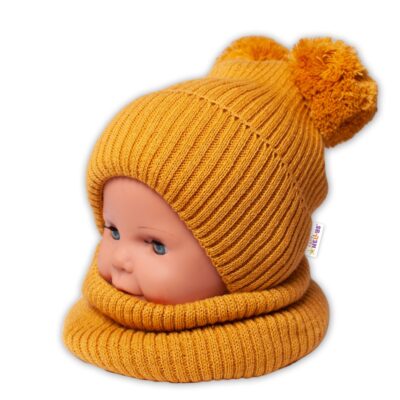 Baby Nellys: Čiapka + nákrčník (horčicová s brmbolcami)