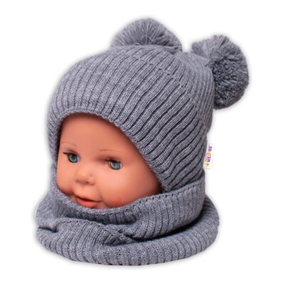 Baby Nellys: Čiapka + nákrčník (sivá s brmbolcami)