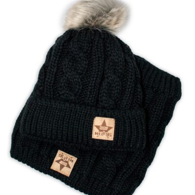 BABY NELLYS Zimná pletená čiapka s brmbolcom + komín, čierna