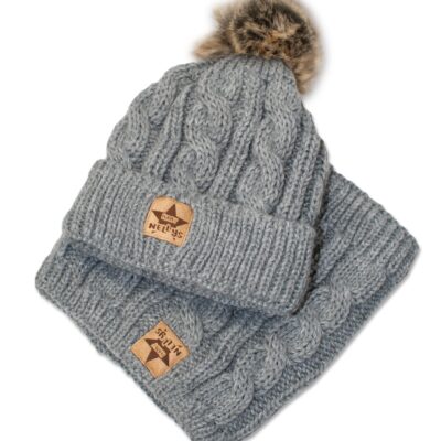 BABY NELLYS Zimná pletená čiapka s brmbolcom + komín, sivá