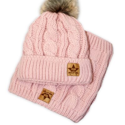BABY NELLYS Zimná pletená čiapka s brmbolcom + komín, starorůžová, veľ. 104/116
