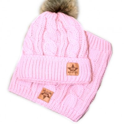 BABY NELLYS Zimná pletená čiapka s brmbolcom + komín, svetlo ružová