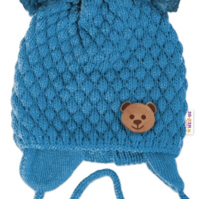 BABY NELLYS Zimná pletená čiapka Teddy Bear na zaväzovanie, modrá, 68/80, (6-12m)