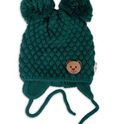 BABY NELLYS Zimná pletená čiapka Teddy Bear na zaväzovanie, zelená, 68/80, (6-12m)