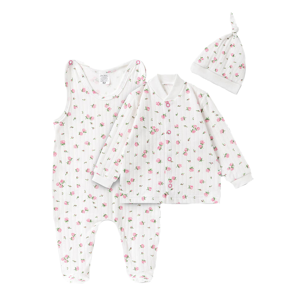 Bavlnená 3D sada, dupačky s košieľkou + čiapočka, Amélia, biela/ružová