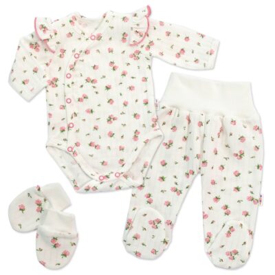 Bavlnená 3D sada, zavinovacie body, polodupačky + rukavičky, Amélia, biela/ružová, veľ. 62