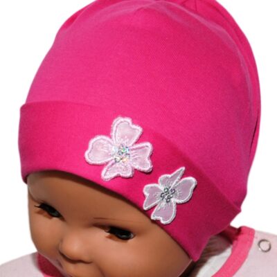 Baby Nellys: Bavlnená čiapočka Kvetinky (sýto ružová)