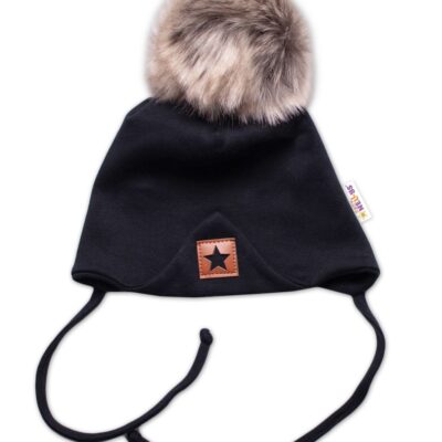 Bavlnená dvojvrstvová čiapka s brmbolcom na zaväz. Star - čierna, veľ. 68/80