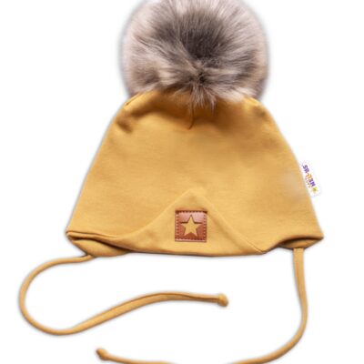 Bavlnená dvojvrstvová čiapka s brmbolcom na zaväz. Star - horčicová, veľ.68/80