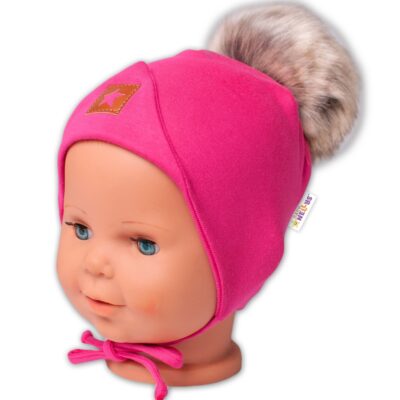Bavlnená dvojvrstvová čiapka s brmbolcom na zaväz. Star - ružová, vel. 80/86
