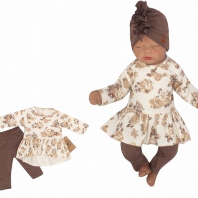 Bavlnená sada, 2D, tunika + legíny s kvetmi - čokoládová/ecru