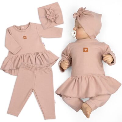 Bavlnená sada, 3D, tunika, legíny, turban - púdrovo ružová, veľ. 80