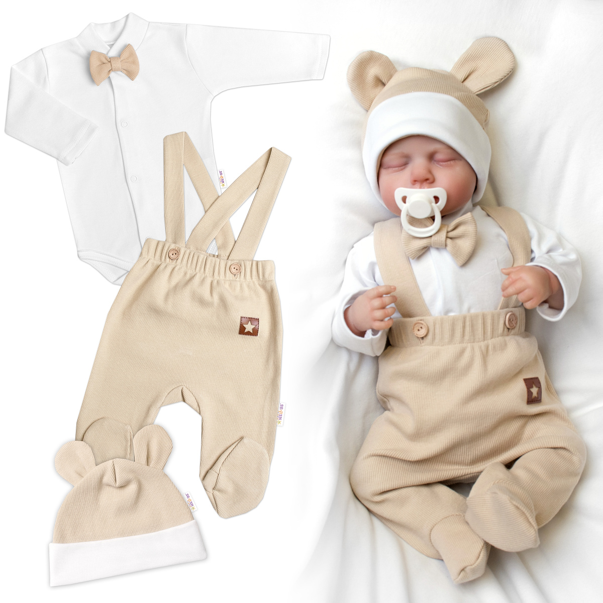 Bavlnená súprava Gentleman 3D, body, polodupačky s lacnom + čiapočka, béžová/biela