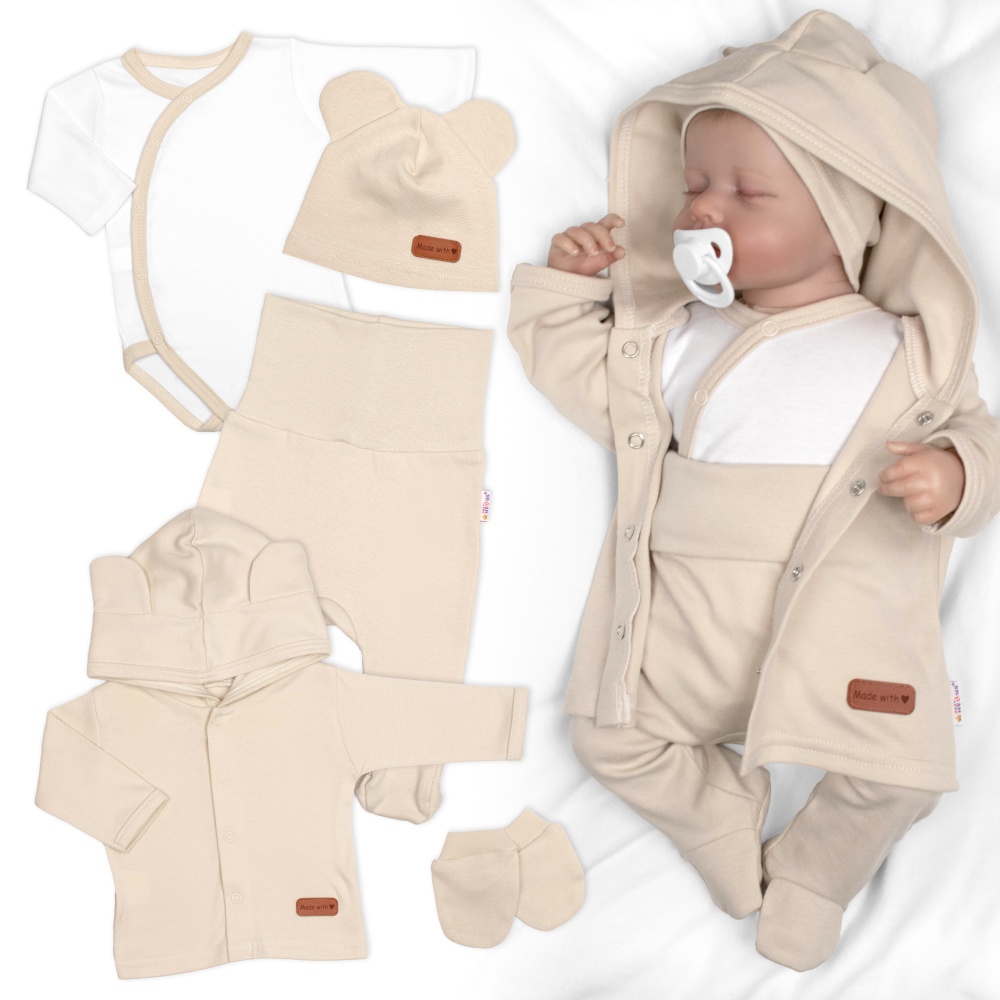 Bavlnená súprava pre bábätko do pôrodnice 5D, Made with love, béžová