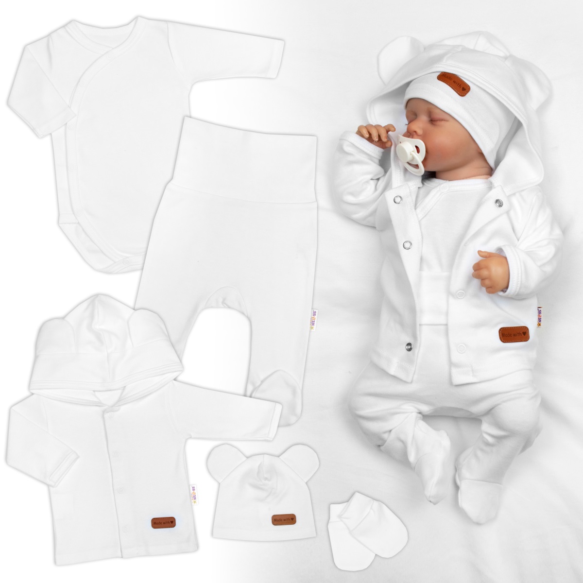 Bavlnená súprava pre bábätko do pôrodnice 5D, Made with love, biela