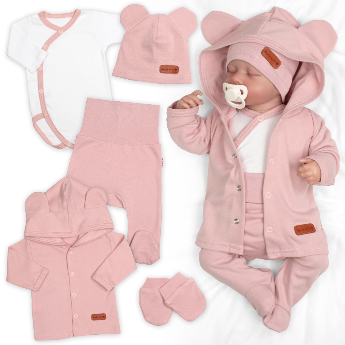Bavlnená súprava pre bábätko do pôrodnice 5D, Made with love, pudrová, veľ. 62