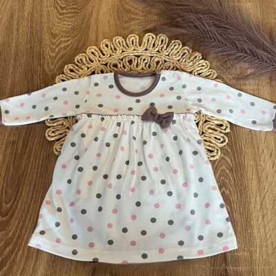 Bavlnené šaty s mašličkou, dl. rukáv, Puntík, Mamatti, smotanové s potlačou, veľ. 86