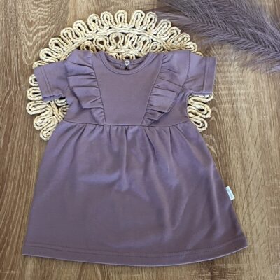 Bavlnené šaty s riasením, kr. rukáv, Puntík, Mamatti, slivkové, veľ. 104/110