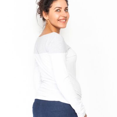 Be MaaMaa Tehotenské tričko / blúzka dlhý rukáv Anna, veľ. XL - bílé/sivý melír