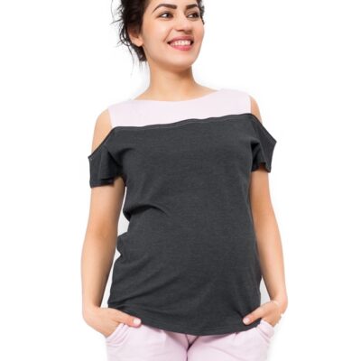 Be MaaMaa Tehotenské tričko Kira - tmavo sivá / ružová