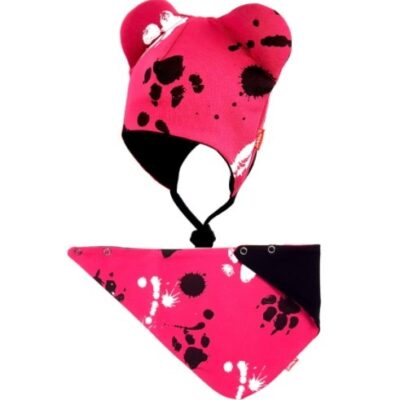 BEXA dvojvrstvová čiapka na zaväzovanie s uškami + šatka - Labky, bordo, veľ. 80/92