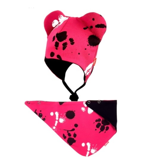 BEXA dvojvrstvová čiapka na zaväzovanie s uškami + šatka - Labky, bordo, veľ. 80/92