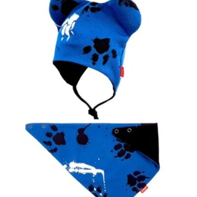 BEXA dvojvrstvová čiapka na zaväzovanie s uškami + šatka - Labky, granát