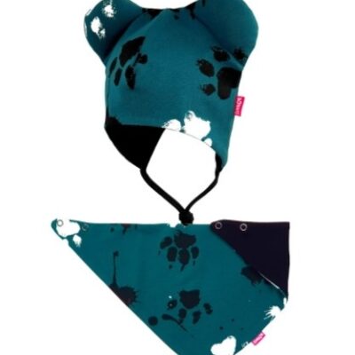 BEXA dvojvrstvová čiapka na zaväzovanie s uškami + šatka - Labky, petrolejová, veľ. 80/92