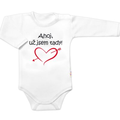 Body dlhý rukáv s vtipným textom Baby Nellys, Ahoj už jsem tady! - biele, veľ. 80