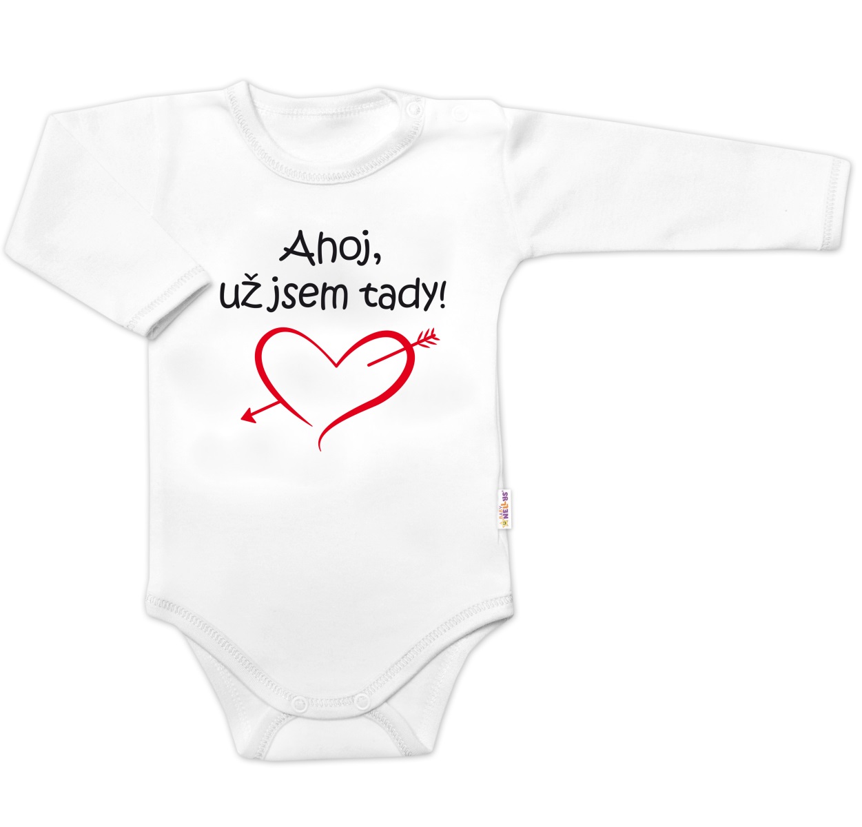 Body dlhý rukáv s vtipným textom Baby Nellys, Ahoj už jsem tady! - biele, veľ. 80