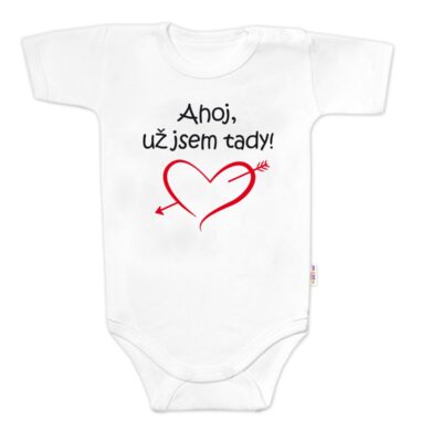 Body krátky rukáv s vtipným textom Baby Nellys, Ahoj už jsem tady! - biele, veľ. 80