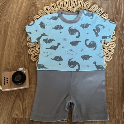 Body s nohavičkami Mamatti, Dino park - modrá s potlačou/sivá