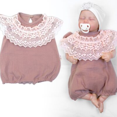 Body s nohavičkami, mušelín, s čipkou - hnedoružová, veľ. 68