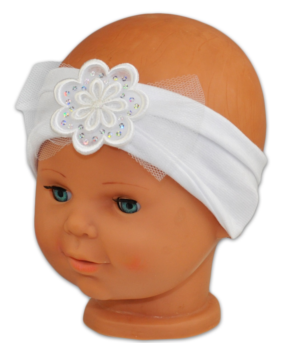 Baby Nellys: Biela čelenka s kvetinkou & flitrami (80/92)