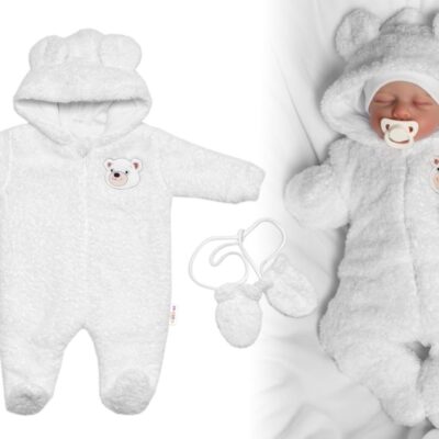 Chlpáčkový overal Luna s kapucňou + rukavičky, Baby Nellys, Medvedík, biely, veľ. 74/80